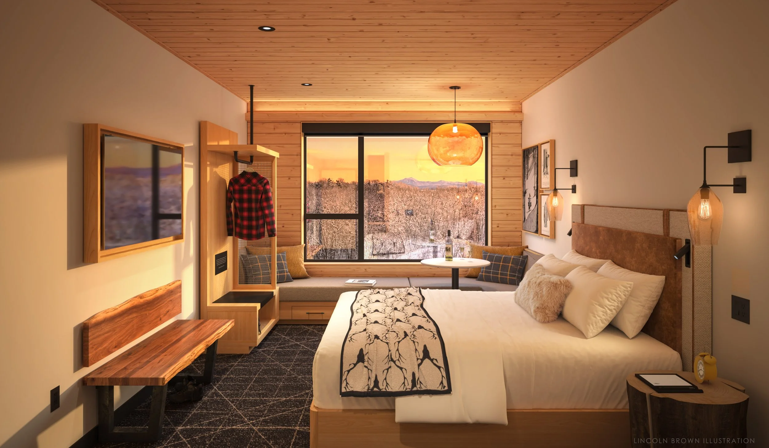 Interior of a cozy room at the Sugar House Hotel featuring a bed with pillows, a small round table with a bottle, window seat with pillows, wall art, and warm lighting, with a view of snow-covered trees and mountains at sunset outside.
