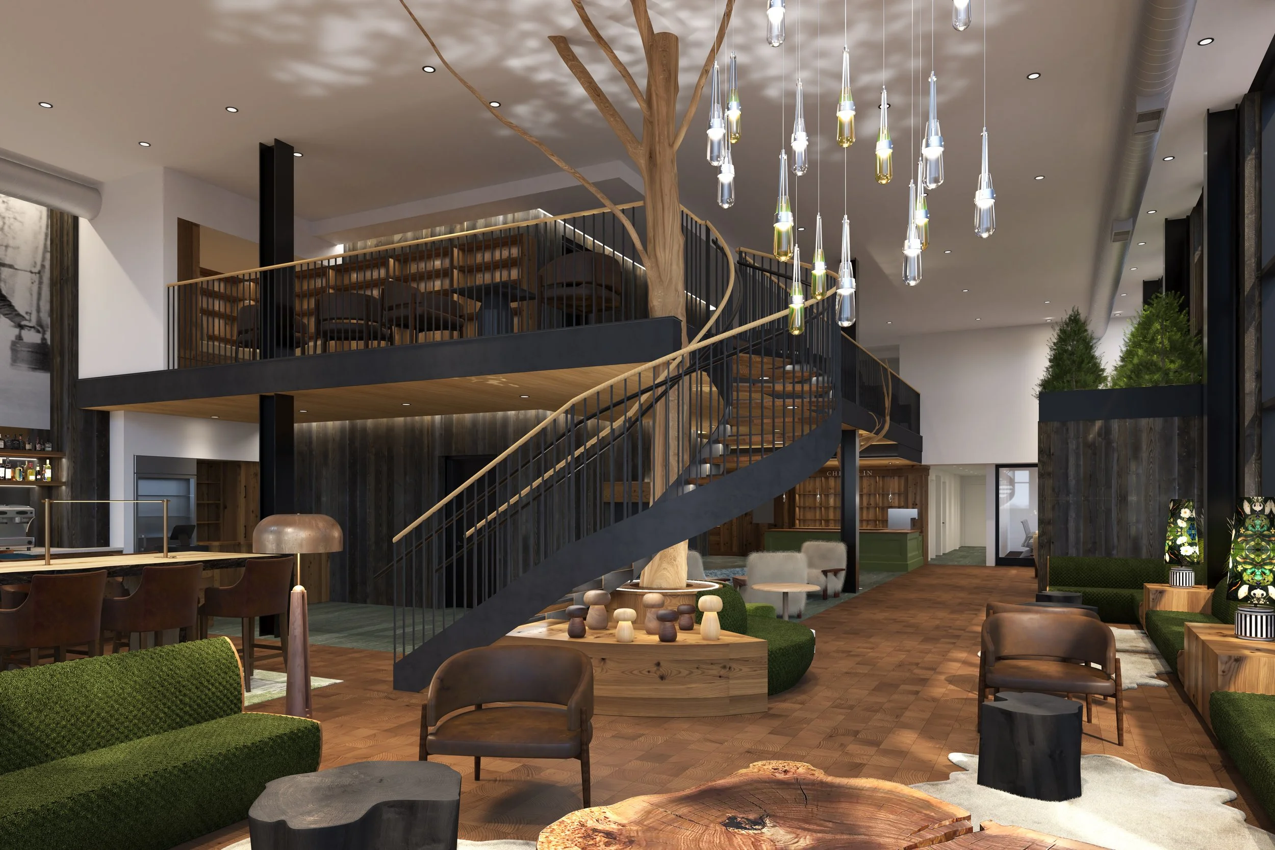 Interior of a modern hotel lobby at Sugar House Hotel with a wooden spiral staircase, a large artificial tree in the center, decorative hanging lights, and various seating areas with green and brown furniture.