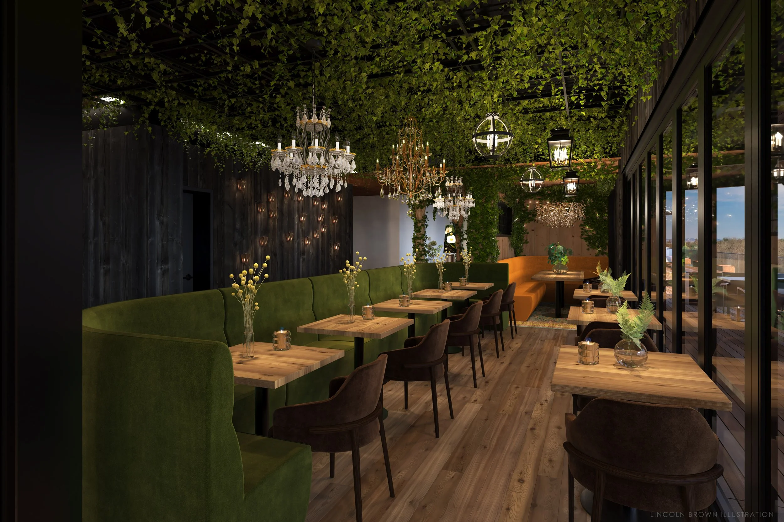 Interior of a restaurant with wooden tables, green and brown seating, hanging chandeliers, and leafy ceiling decor, with large windows letting in natural light.