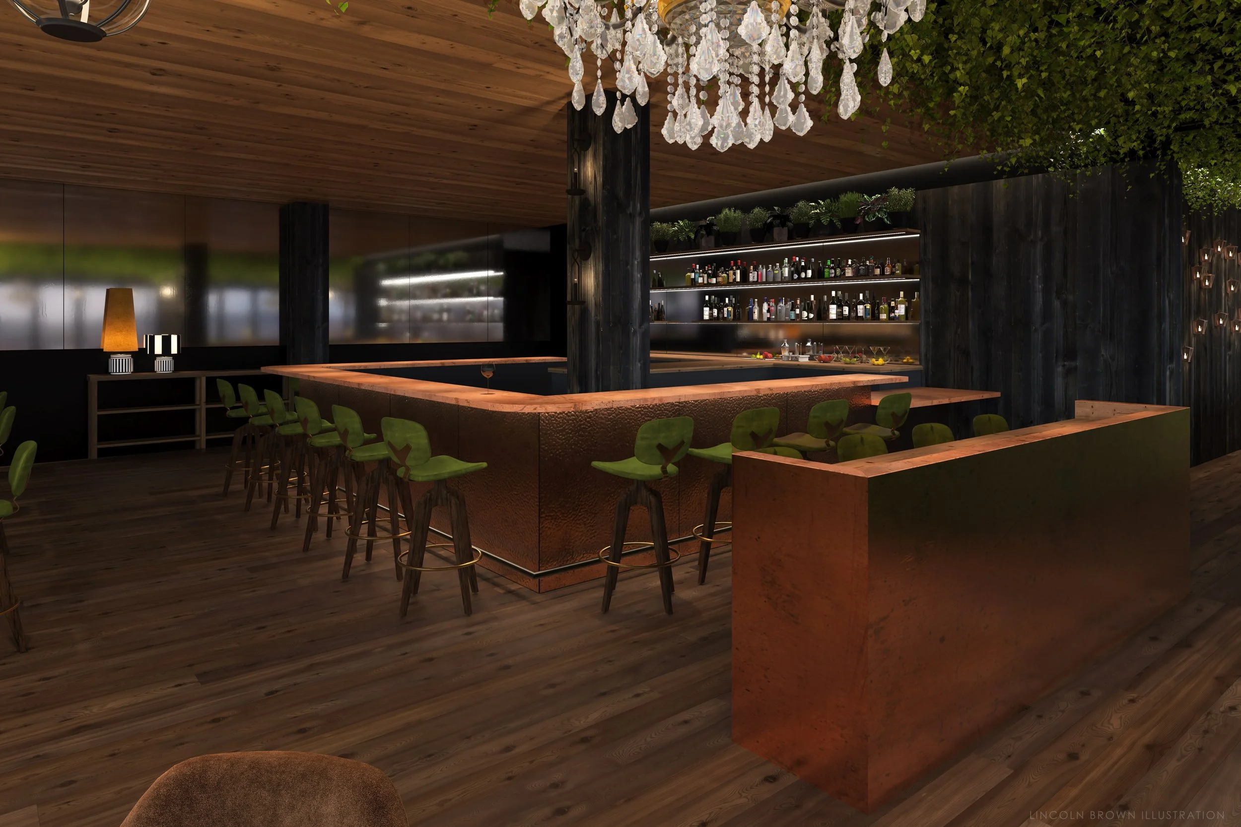 Interior of a modern bar with a warm wood ceiling and floor, green chairs around a copper-colored bar, a large crystal chandelier above, and a black wooden support column. There is a wine glass on the bar, and a back wall with shelves of liquor bottl