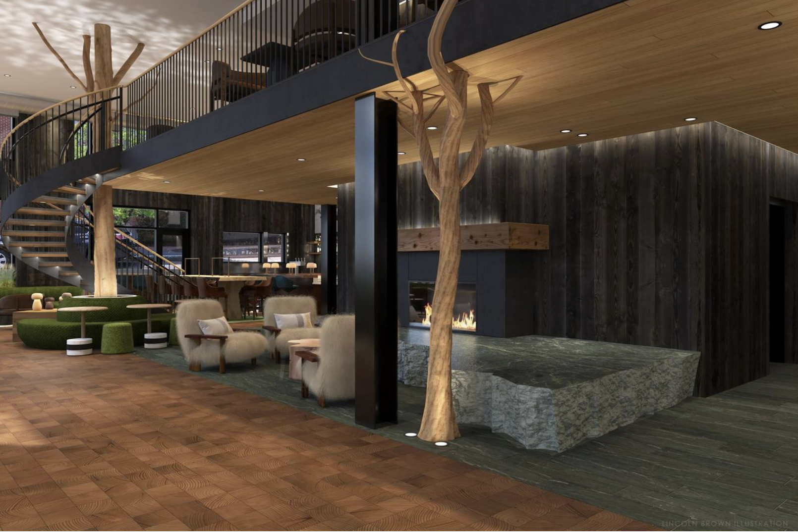 Interior of a modern, rustic hotel lobby with a curved staircase, green seating area, a fireplace, and a large tree trunk integrated into the design.