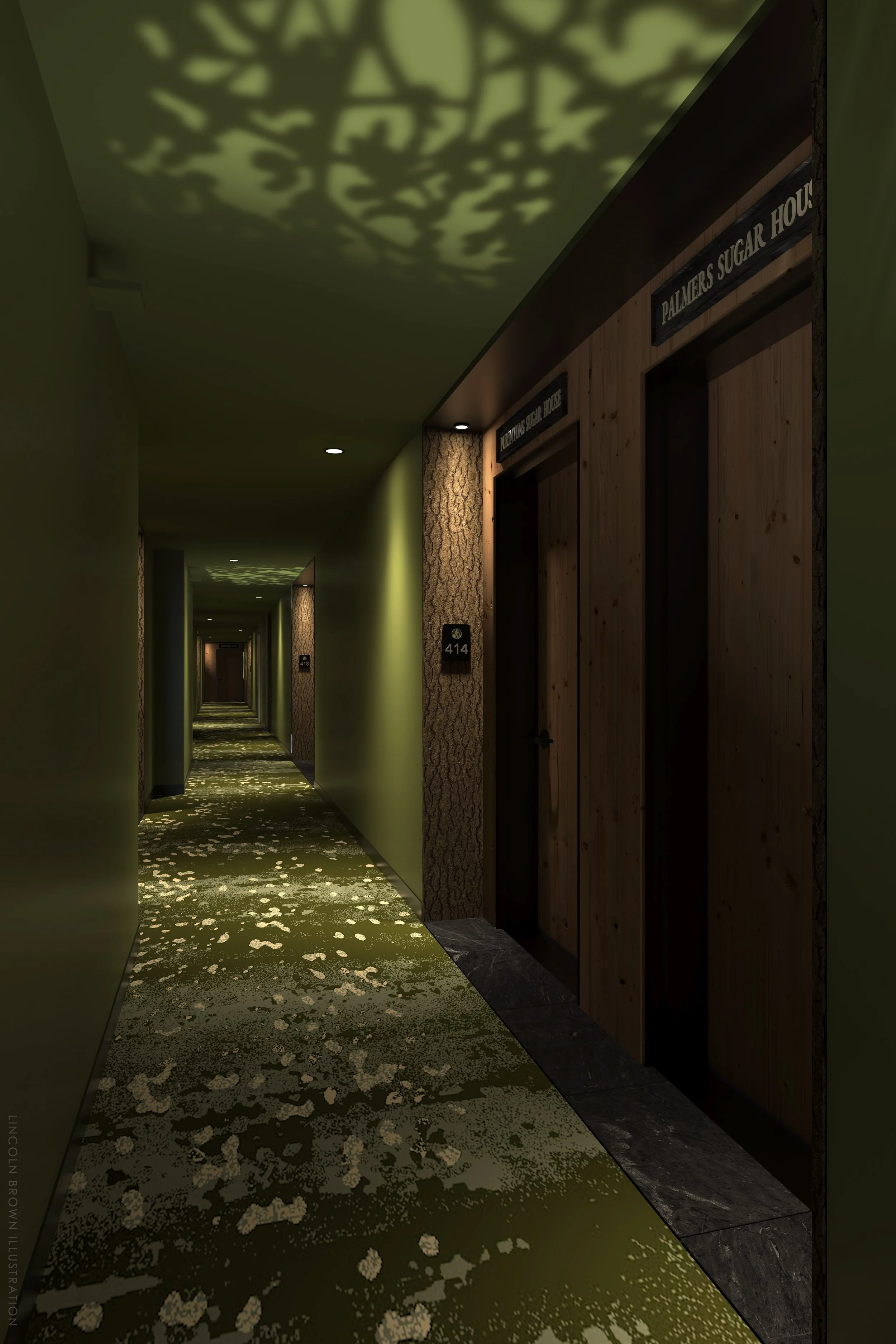 Long hotel hallway with green walls, patterned carpet, and elevators on the right side, illuminated by recessed ceiling lights, with reflections of shadows on the ceiling.