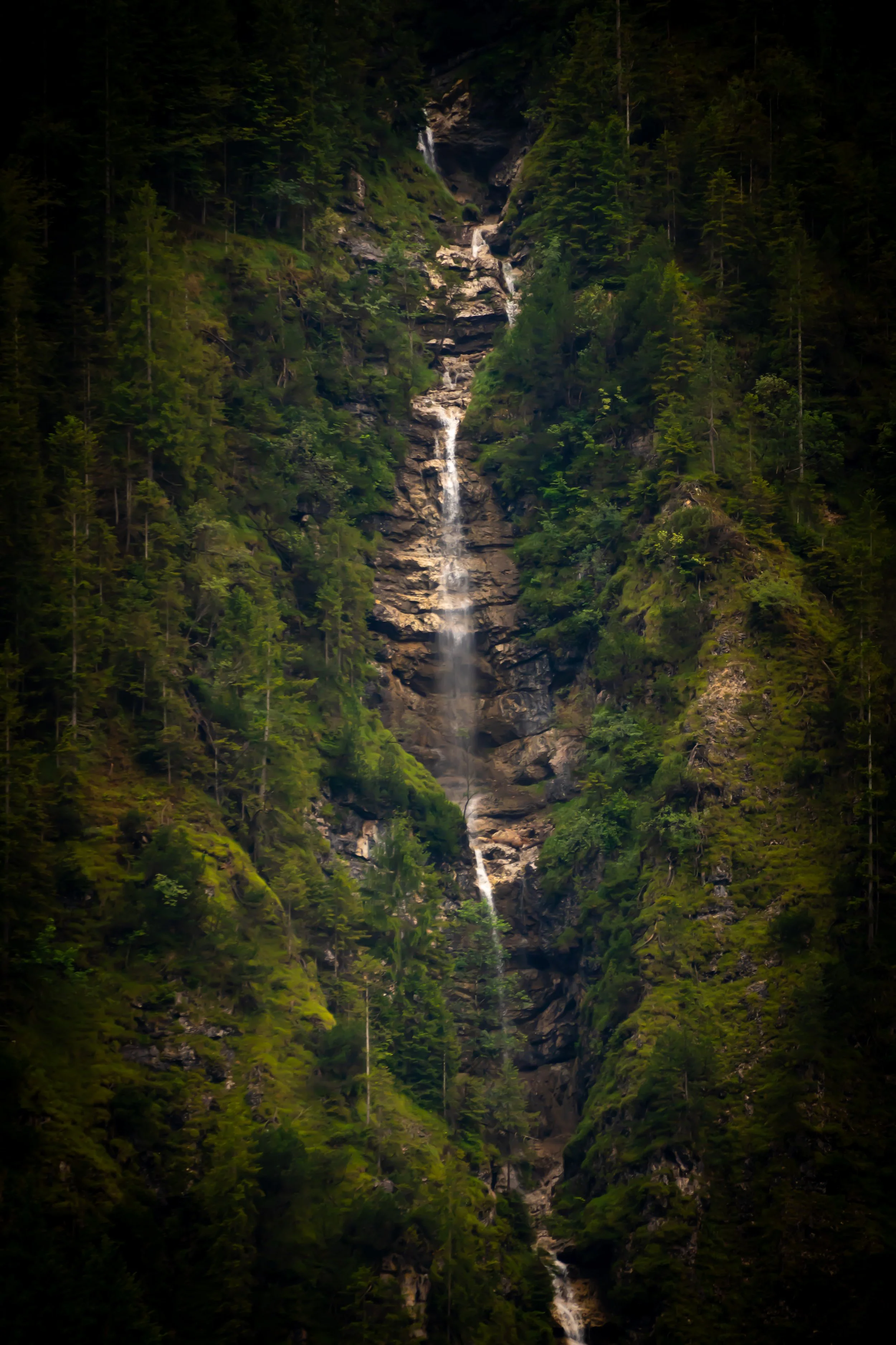 Tall mountain with a cascading waterfall surrounded by dense green forest.