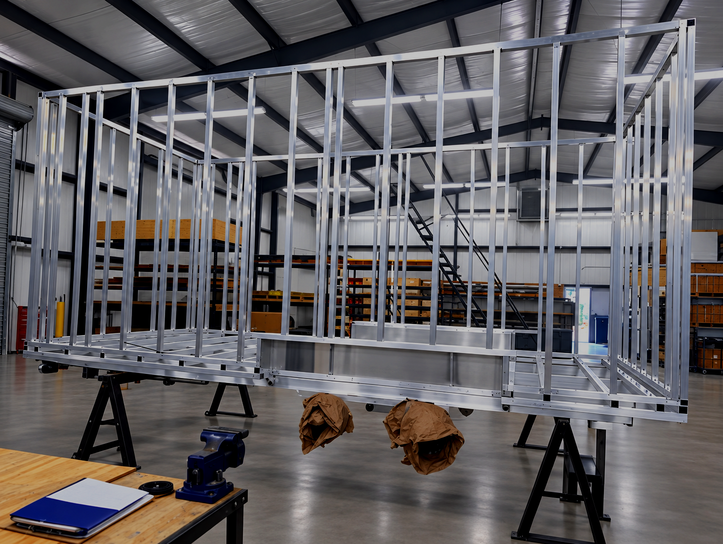 A metal frame structure in a workshop or warehouse, elevated on support stands, with a staircase inside, surrounded by warehouse shelves and tools.