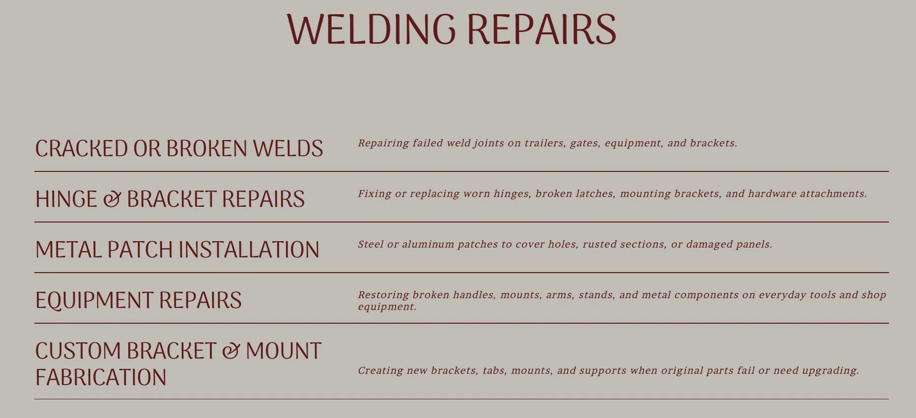 A website page titled 'Welding Repairs' listing various welding repair services such as cracked or broken welds, hinge and bracket repairs, metal patch installation, equipment repairs, and custom bracket and mount fabrication, with descriptions for each service.
