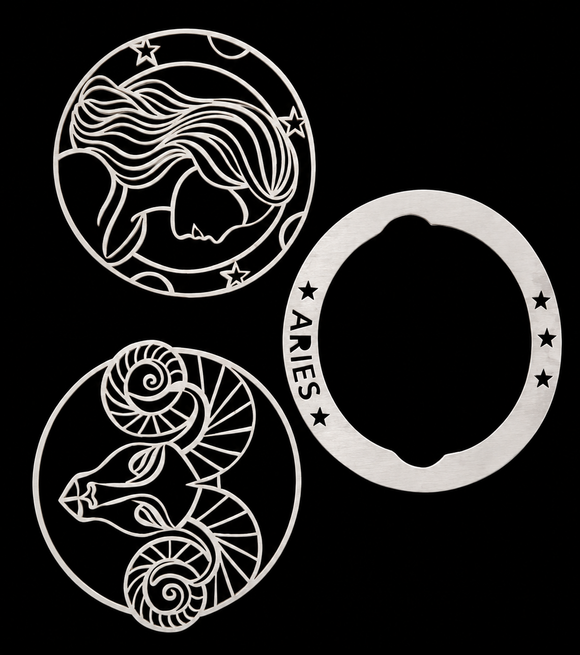 Two moon and star decorated metallic photos of the moon and a unicorn face, and a metallic frame with the word 'A RIES' and stars.