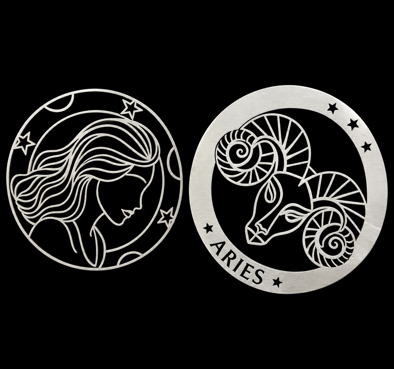 Two metal zodiac sign decals, one depicting a woman's profile representing Virgo with stars around her, the other showing a ram's head representing Aries with the word 'ARIES' and star symbols.