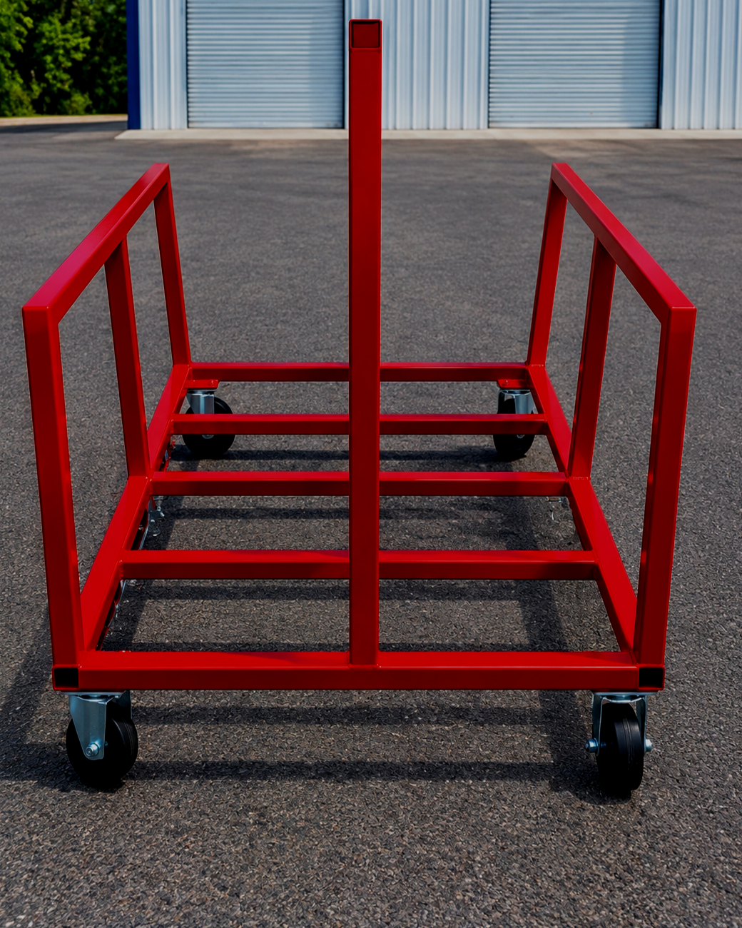 Red rolling cart with bars, empty, on asphalt in front of a blue industrial building with closed roll-up doors.