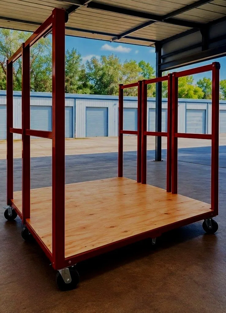 Red metal cart with a wooden base and wheels, situated in a covered outdoor area with storage units and trees in the background.