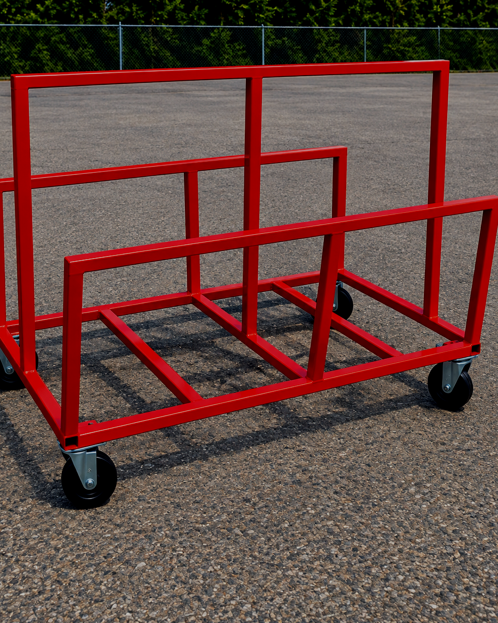 Red metal cart with wheels on an asphalt surface, with a green chain-link fence and trees in the background.