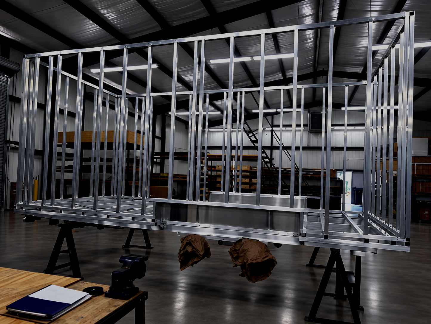 Metal frame structure of a building under construction inside a warehouse.