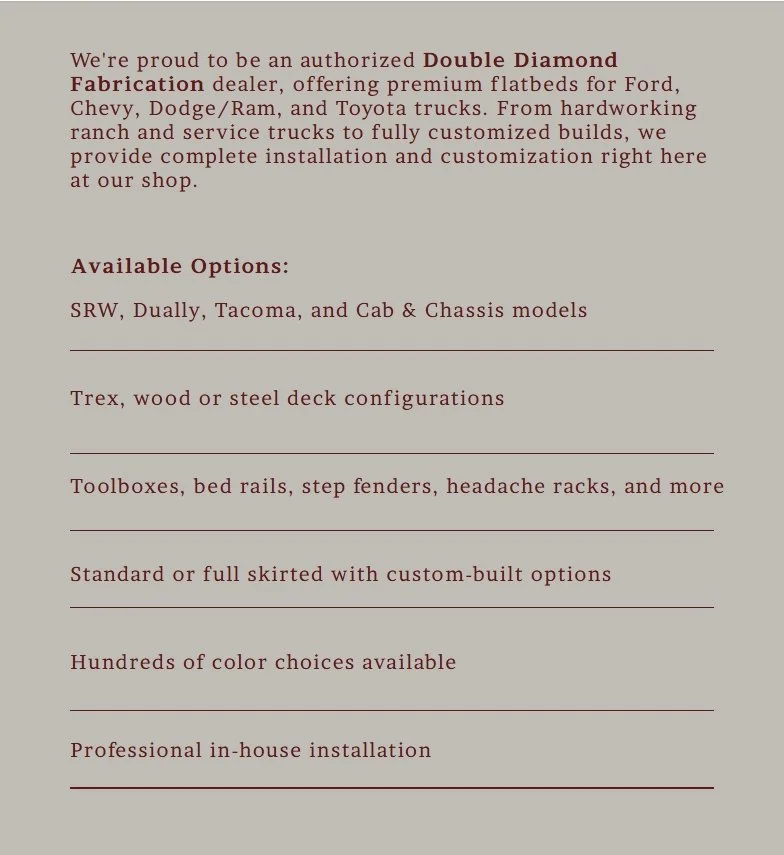 Text advertisement for Double Diamond Fabrication offering custom flatbeds for trucks, with options for different models, configurations, and colors, and professional installation.