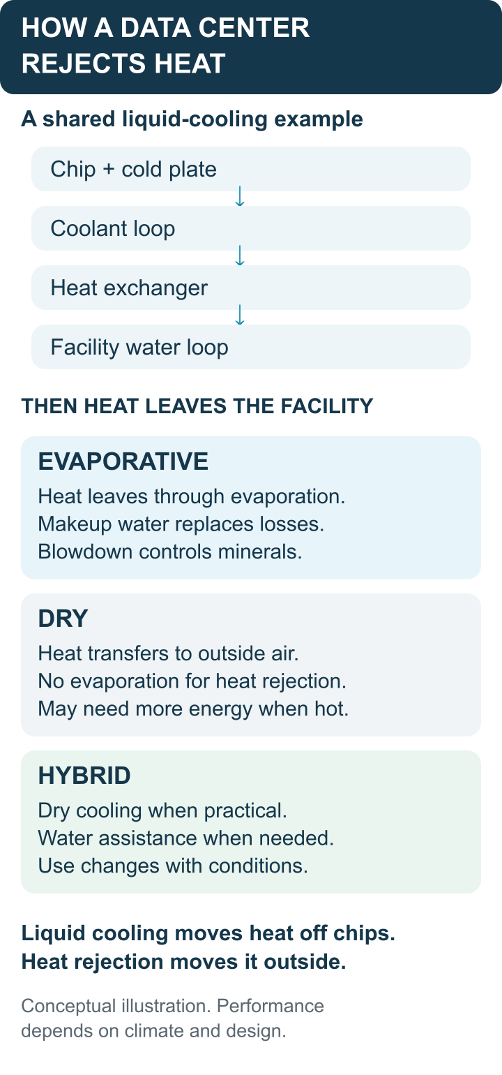 Mobile diagram tracing heat from chips through liquid loops to evaporative, dry or hybrid heat rejection, with water and energy tradeoffs.