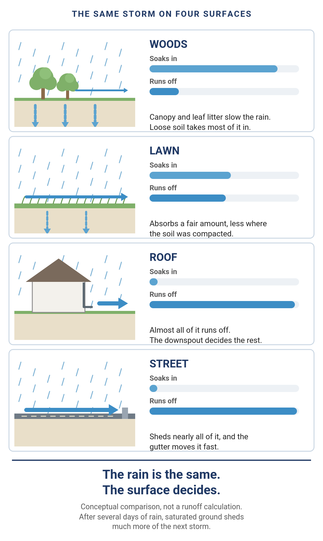 Conceptual comparison of one storm on woods, lawn, roof and street, showing more runoff as surfaces absorb less water.