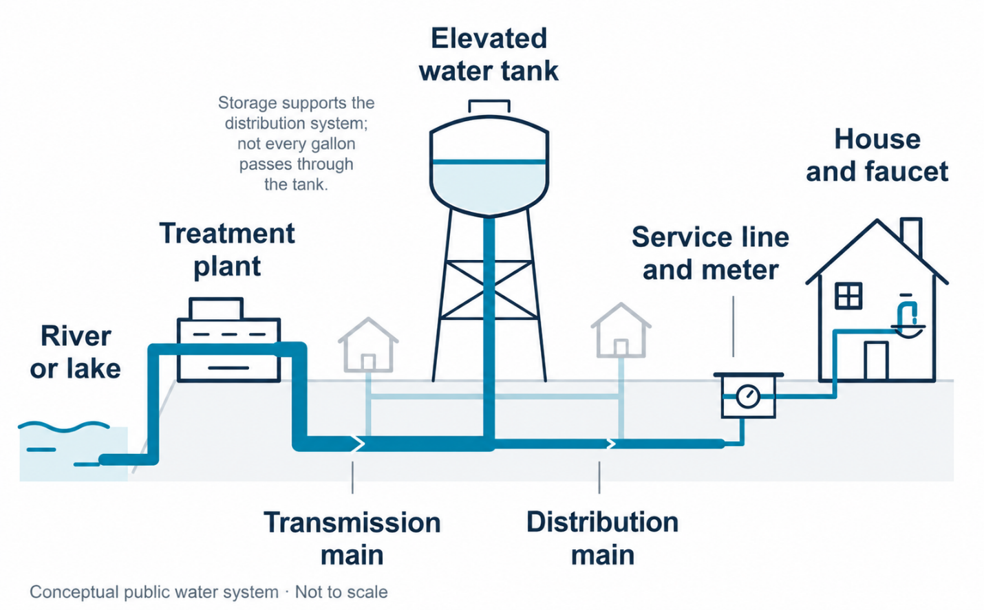 Conceptual public water system from river or lake through treatment, transmission and distribution mains, service line and meter, to a house and faucet. An elevated tank supports system storage and pressure.