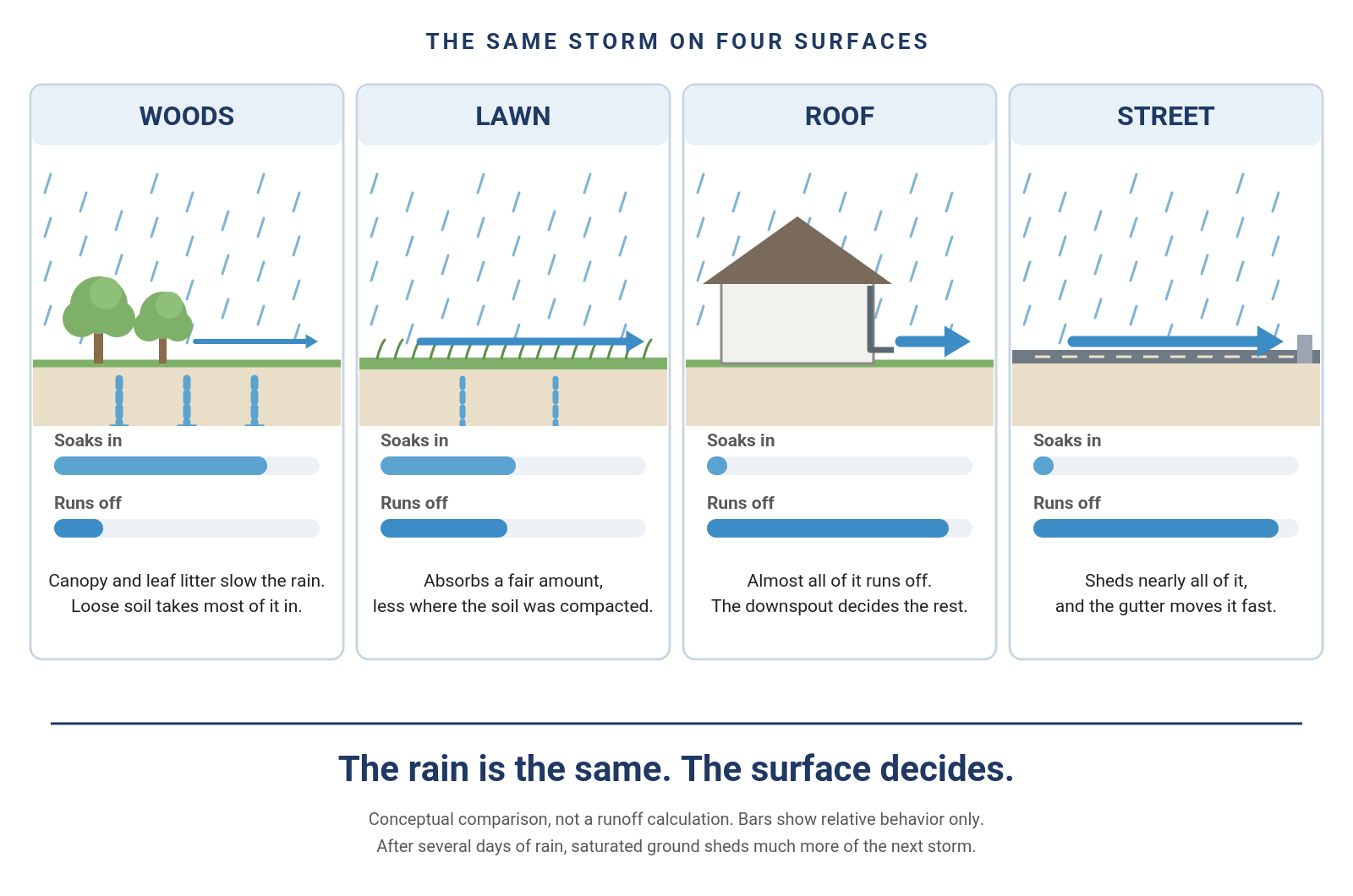 Conceptual comparison of one storm on woods, lawn, roof and street, showing more runoff as surfaces absorb less water.