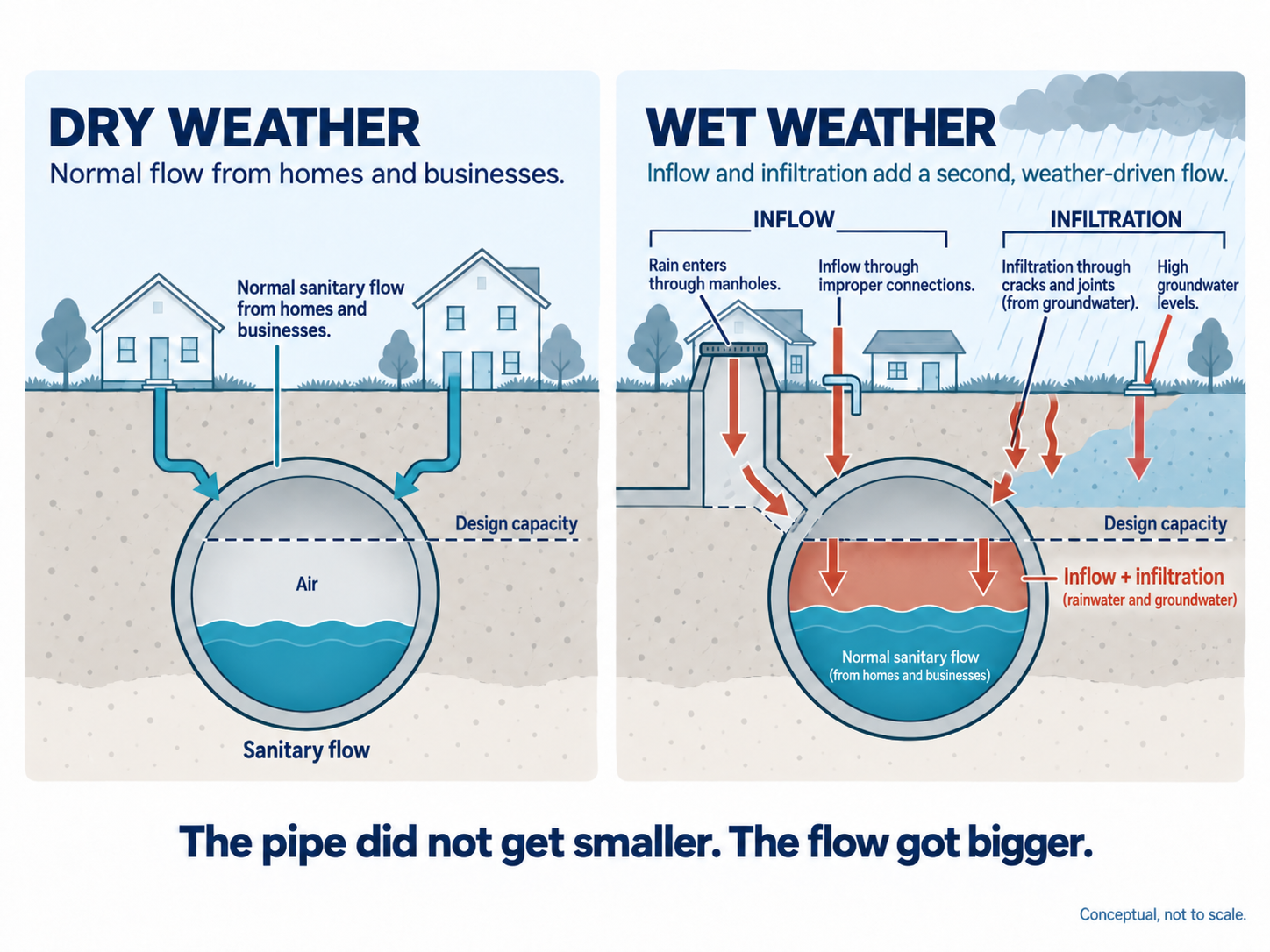 Sewer cross sections in dry and wet weather. Normal sanitary flow occupies the pipe bottom. Inflow through openings and infiltration through cracks and joints add rainwater that fills the pipe beyond capacity.