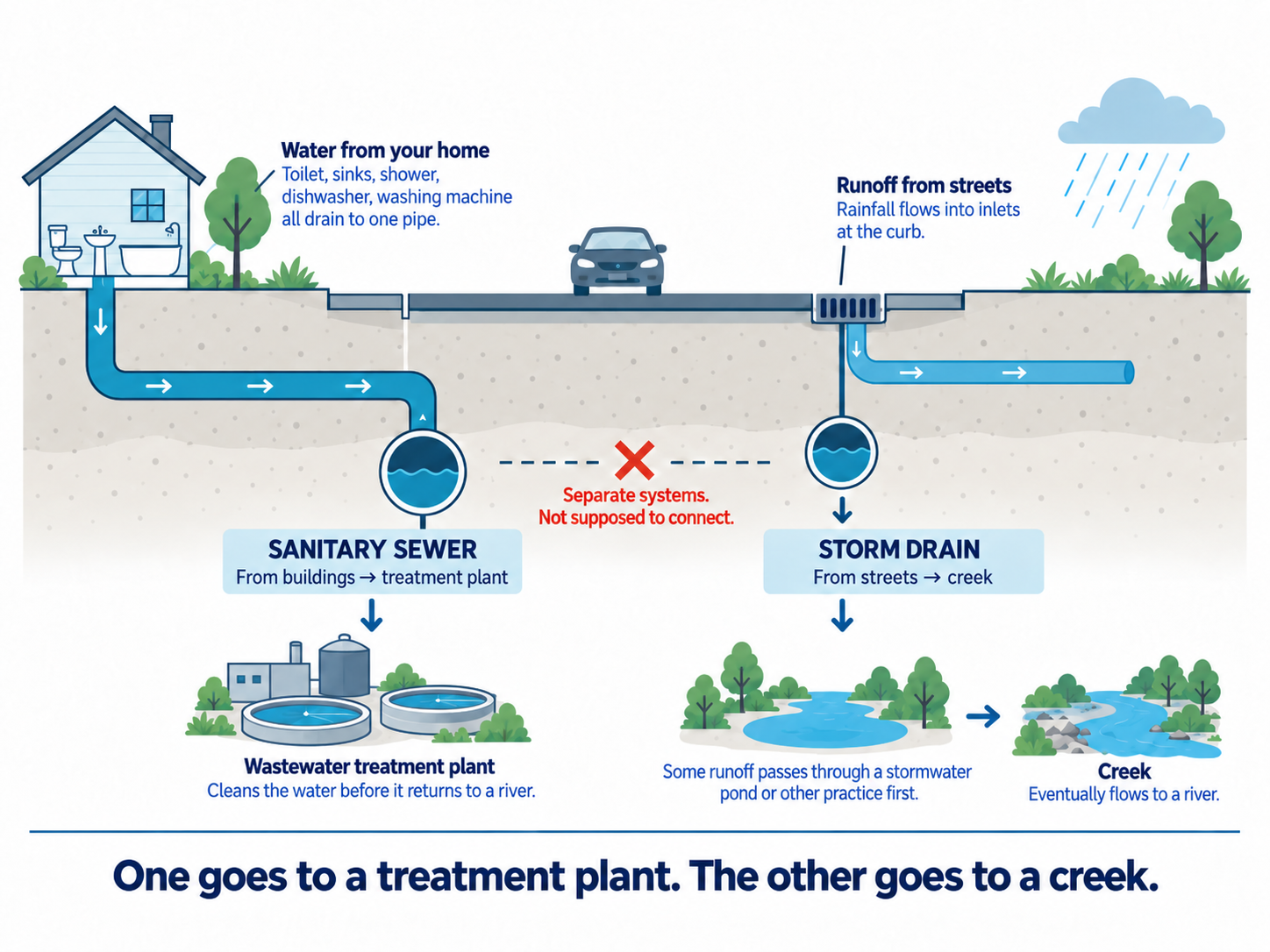 Separate sanitary sewer and storm drain networks beneath one street. Wastewater flows to a treatment plant; runoff flows to a creek.