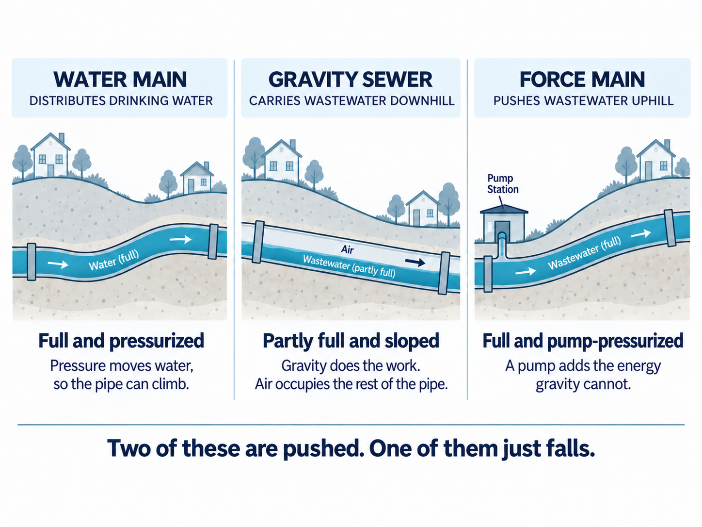 Three side-by-side cross sections comparing a water main running full and pressurized through varying terrain, a gravity sewer running partly full on a slope, and a force main running full and pressurized uphill from a pump station.