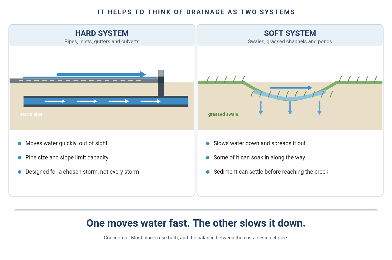Side-by-side comparison of the hard drainage system of gutters, inlets and pipes with the soft system of swales and vegetated channels.