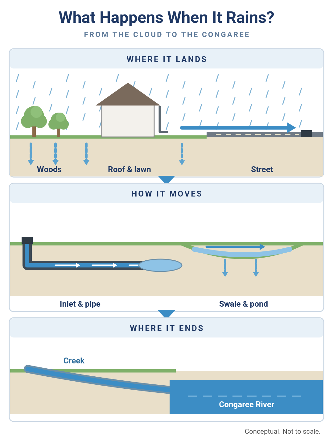 Diagram following rain from woods, roofs and streets through inlets, pipes, swales and ponds to a creek and the Congaree River.