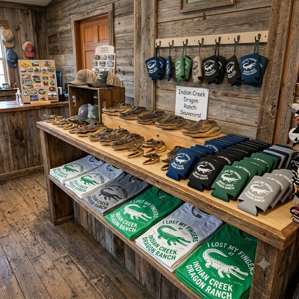 Display of Indian Creek Dragon Ranch souvenirs including hats, T-shirts, and mugs, with keychains and other items on the side in a rustic store with wood-paneled walls.