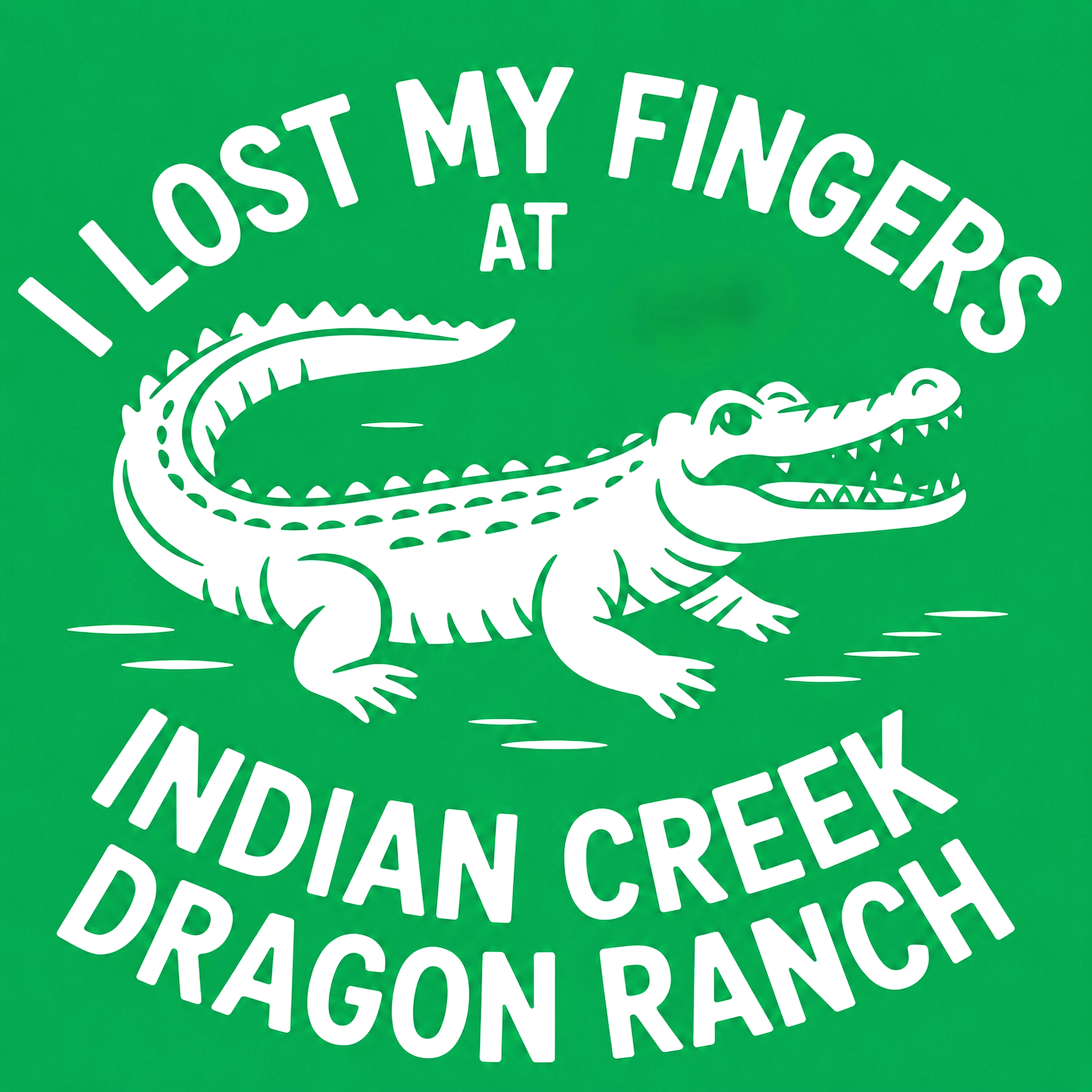 White stylized crocodile illustration with text "Lost my finger" on a green background.