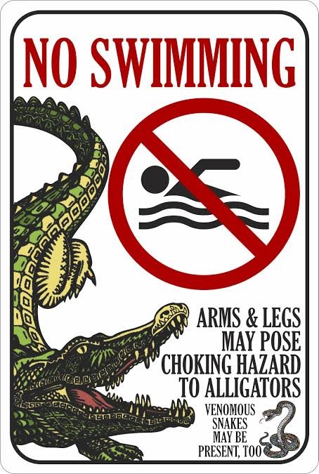 A warning sign with a large alligator illustration, a red circle with a slash over a swimmer icon, and the text 'No Swimming'. Additional text warns about alligators and venomous snakes on the premises.