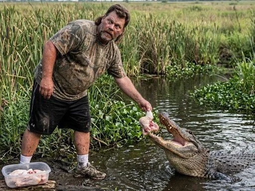 A man in camouflage T-shirt and black shorts feeding a large crocodile in a wetland area.