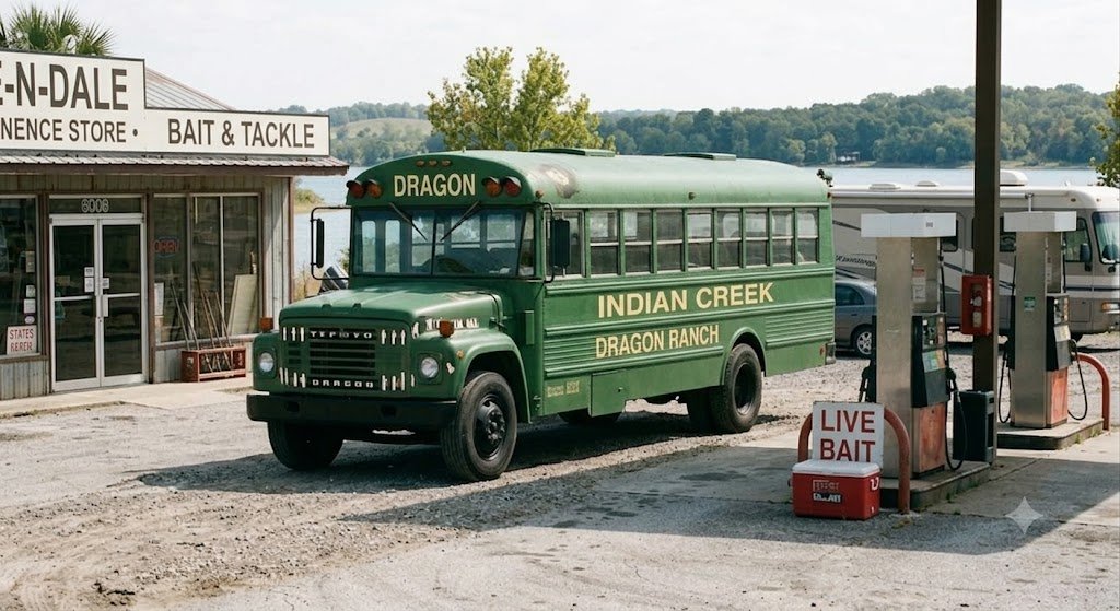 Green school bus with 'Indian Creek Dragon Ranch' written on the side, parked at a bait and tackle shop near a lake, with gas pumps and a 'Live Bait' sign nearby.