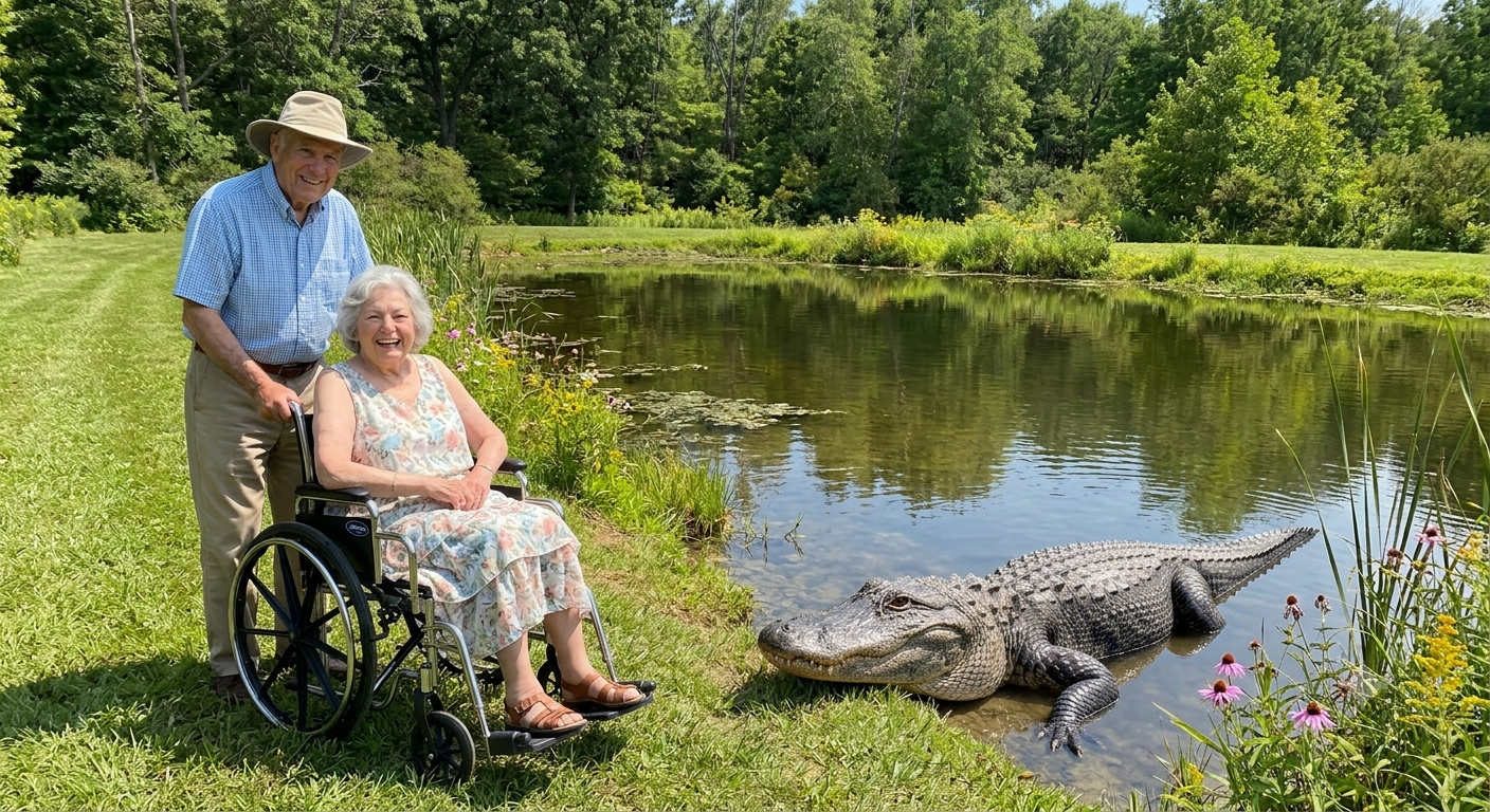 An elderly woman in a wheelchair smiling while standing beside an elderly man by a pond, with a large alligator partially submerged in the water nearby, surrounded by green grass and trees.