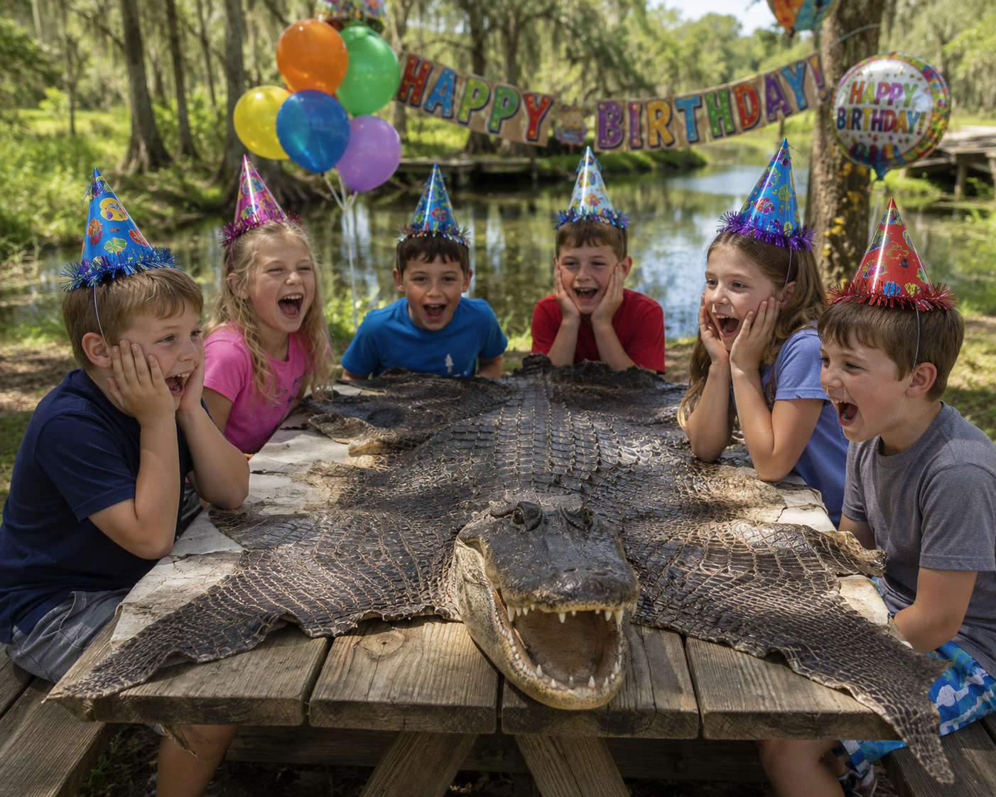 Children wearing birthday hats celebrating around a table with a crocodile at an outdoor party with balloons and a "Happy Birthday" banner.