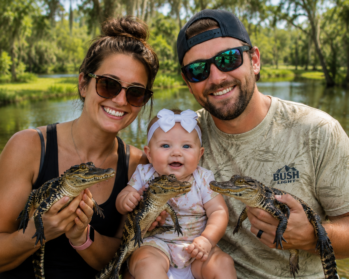A smiling family of three holding baby alligators outdoors near a river with green trees in the background. The woman and man are wearing sunglasses, and the baby girl has a white bow in her hair.