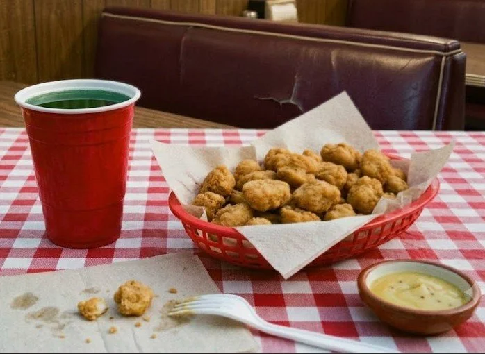 Basket of fried chicken nuggets with a cup of green soda and a small bowl of creamy dipping sauce on a red and white checkered tablecloth.