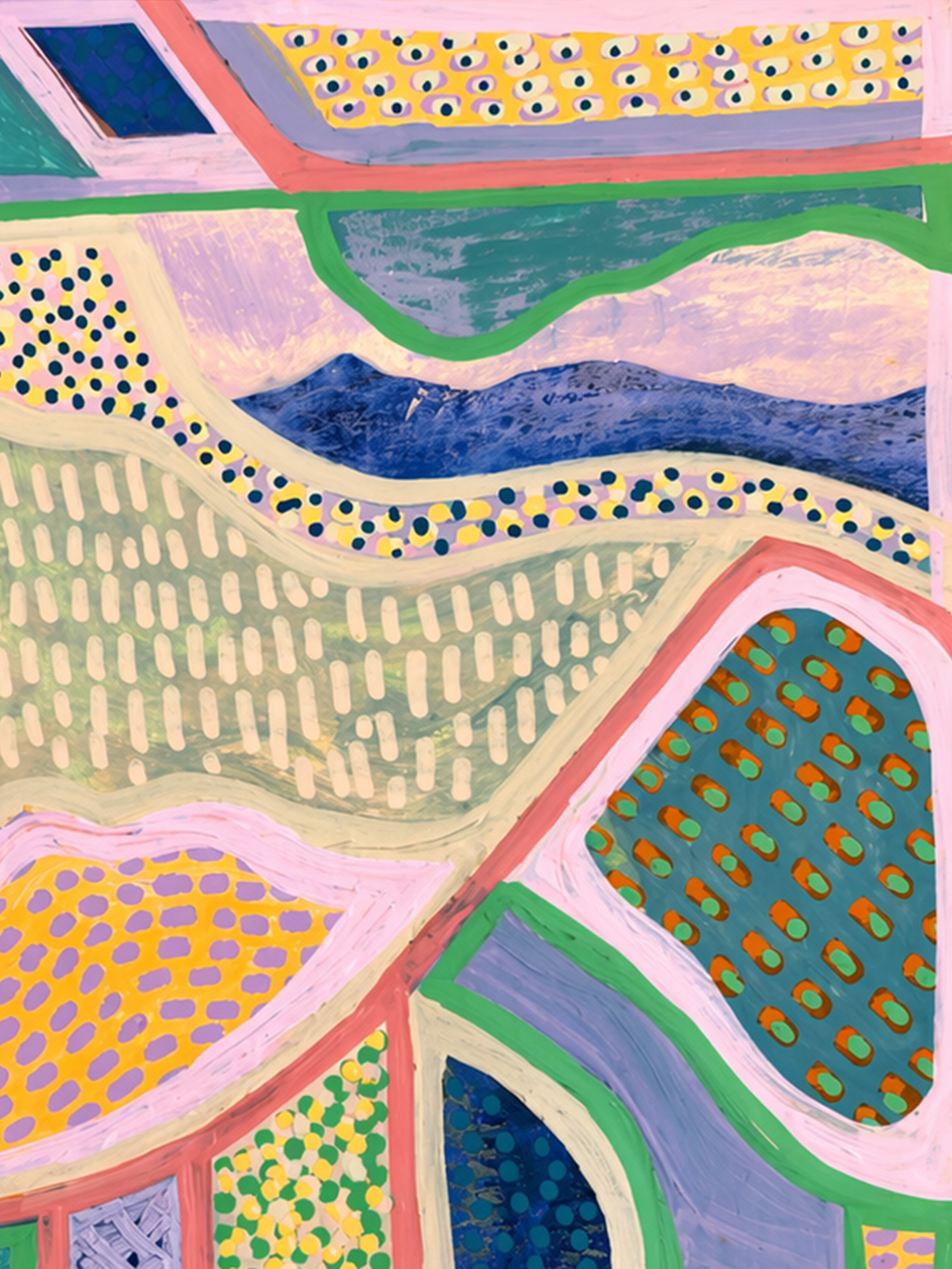 Abstract colorful painting with various patterns, curved lines, and textured areas including dots, stripes, and waves in shades of purple, yellow, green, blue, pink, and orange.