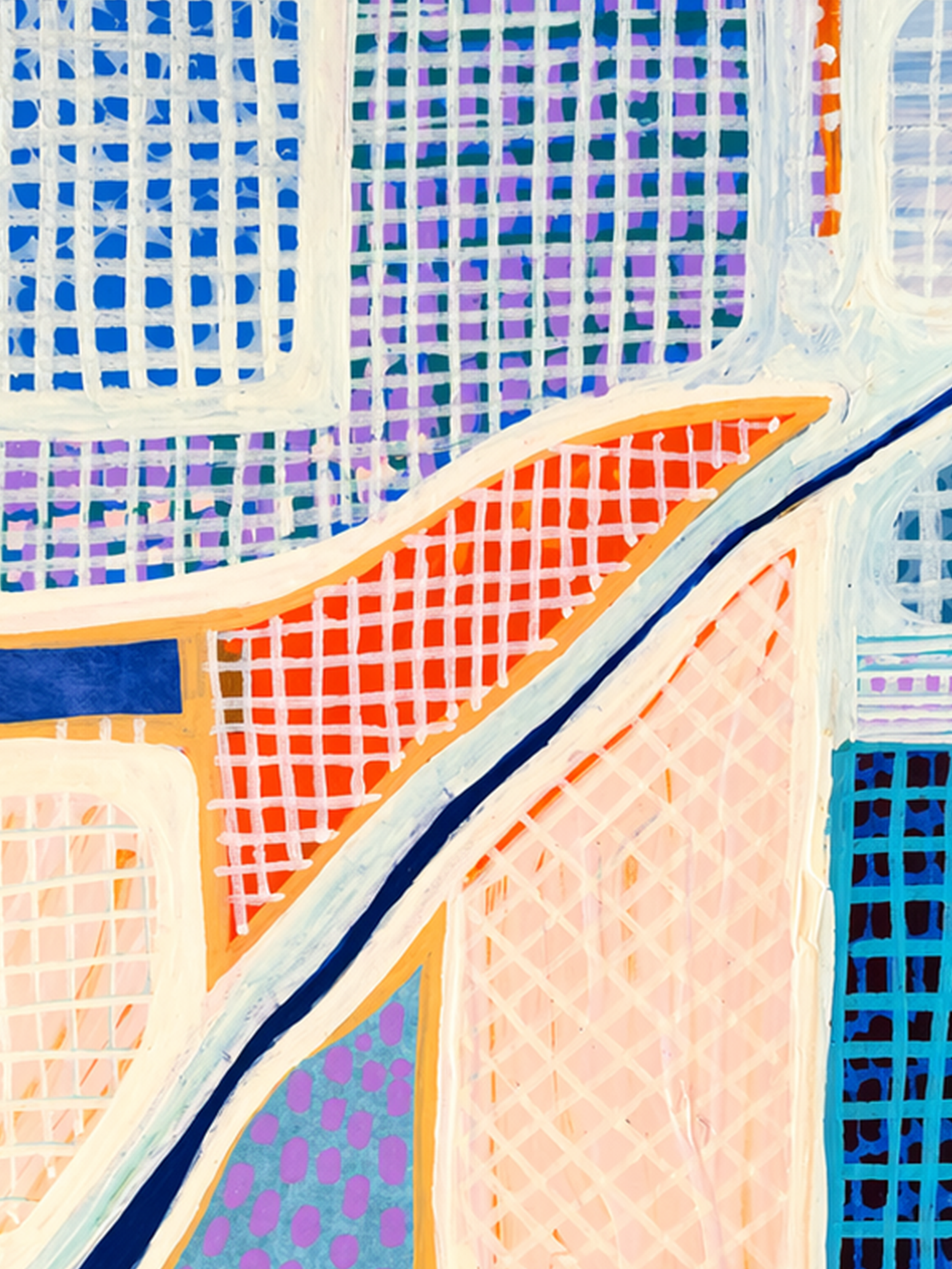 Abstract colorful painting with grid pattern, thick white lines, and curving orange and blue accents.