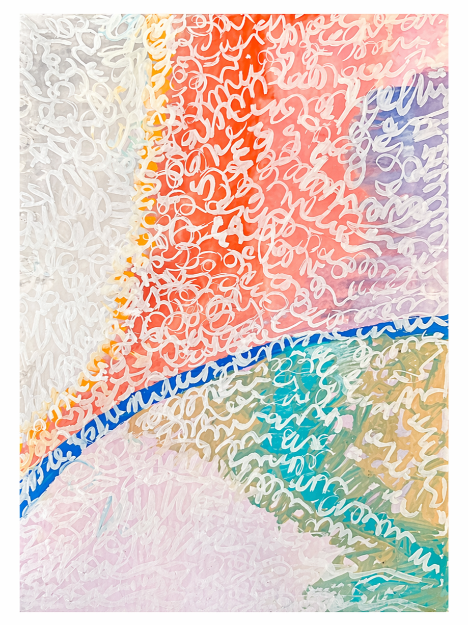 Abstract colorful painting with swirling script-like white lines on various colored backgrounds including red, purple, blue, green, yellow, and pink.