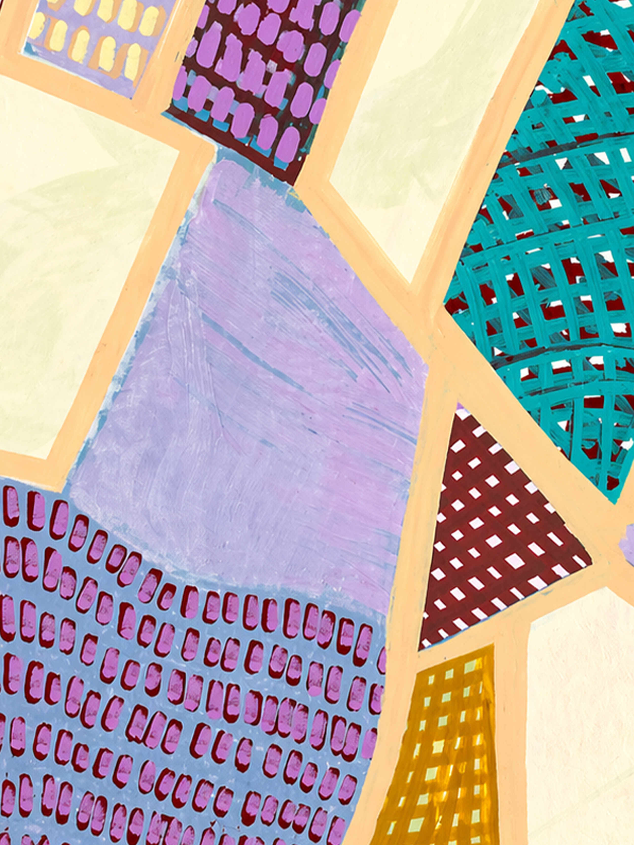 Abstract colorful artwork with various patterned sections and a yellow border.