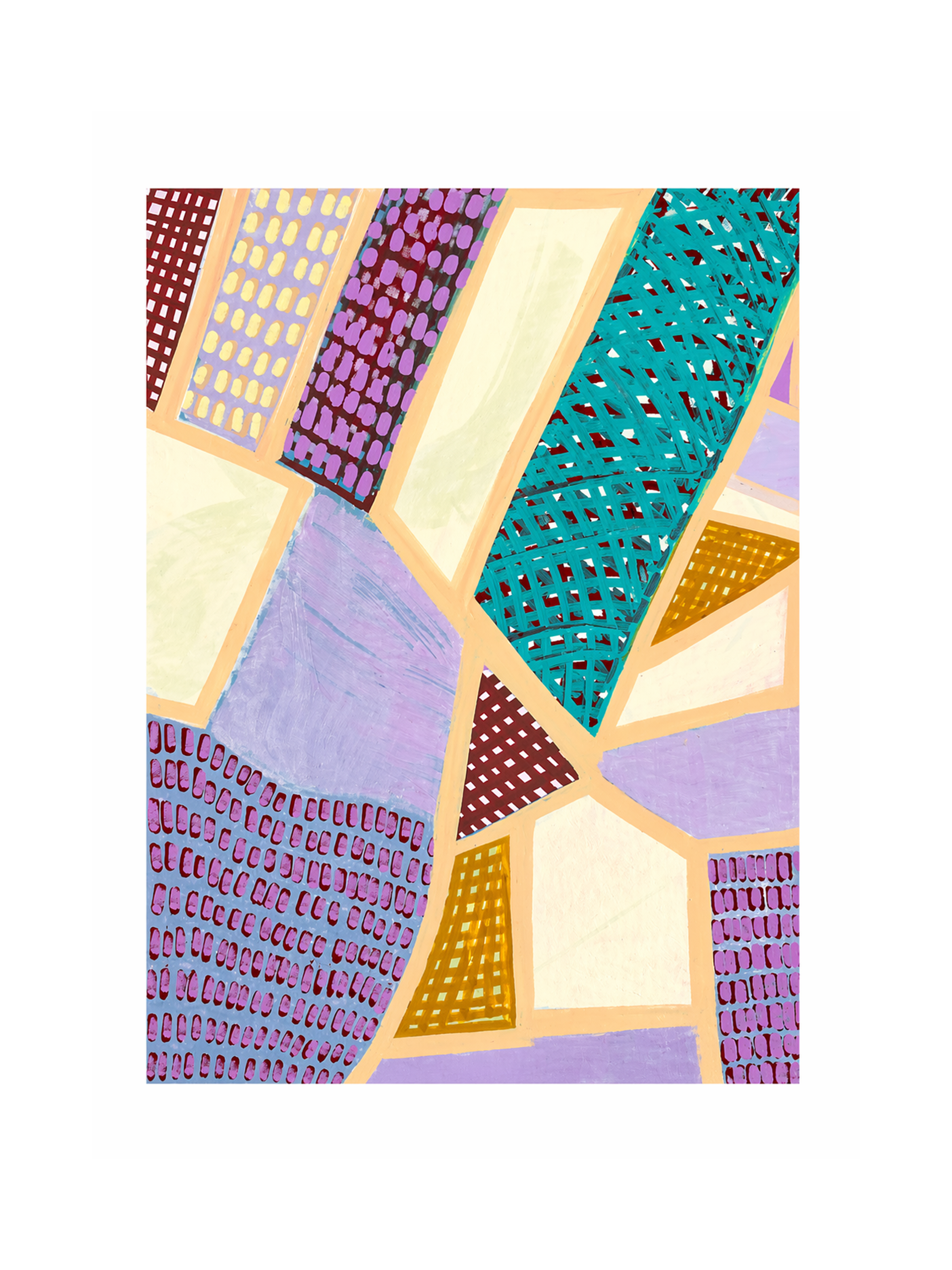 Abstract painting with geometric shapes and vibrant patterns in purple, yellow, red, blue, and orange.