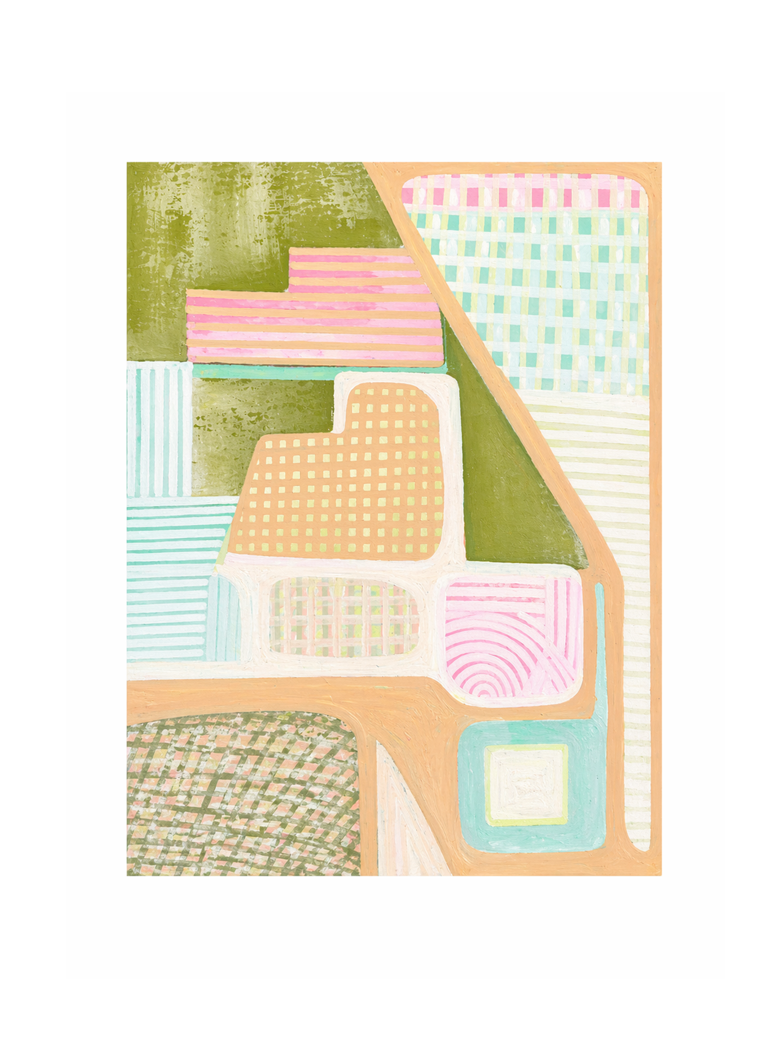 A colorful abstract painting with geometric patterns, including squares, rectangles, and curved shapes in pastel colors such as pink, green, yellow, and blue, with textured brushstrokes.
