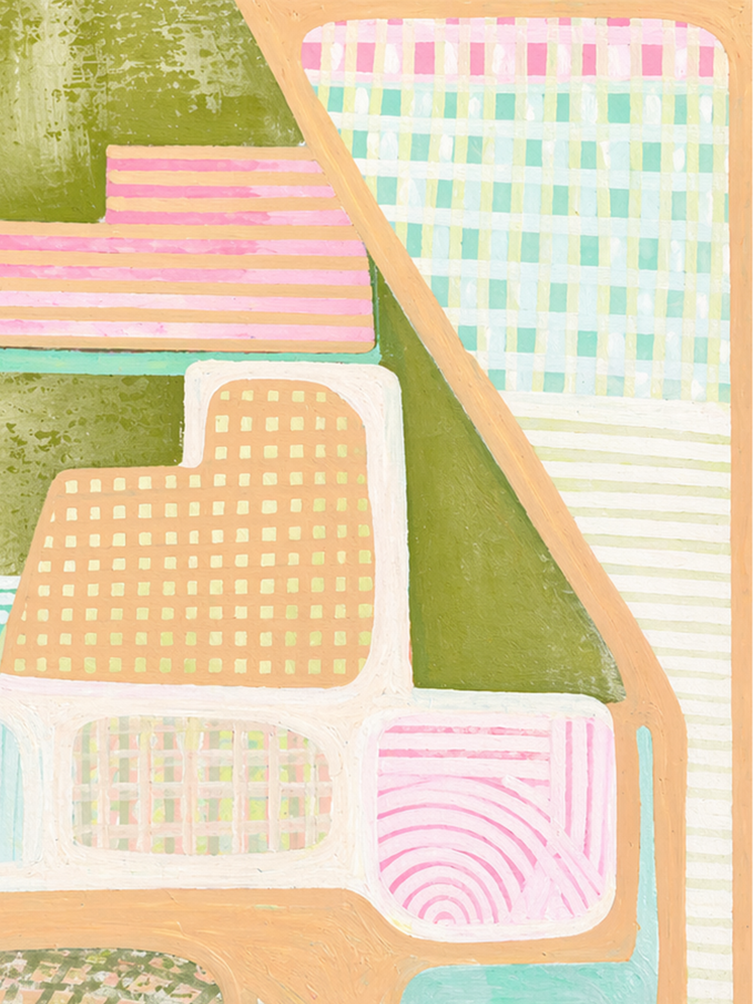 A colorful abstract painting with geometric shapes, pastel colors, and patterns including stripes, grids, and circles.