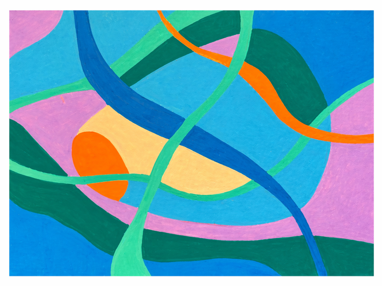 Abstract colorful painting with swirling lines and shapes in shades of blue, green, pink, purple, yellow, and orange.