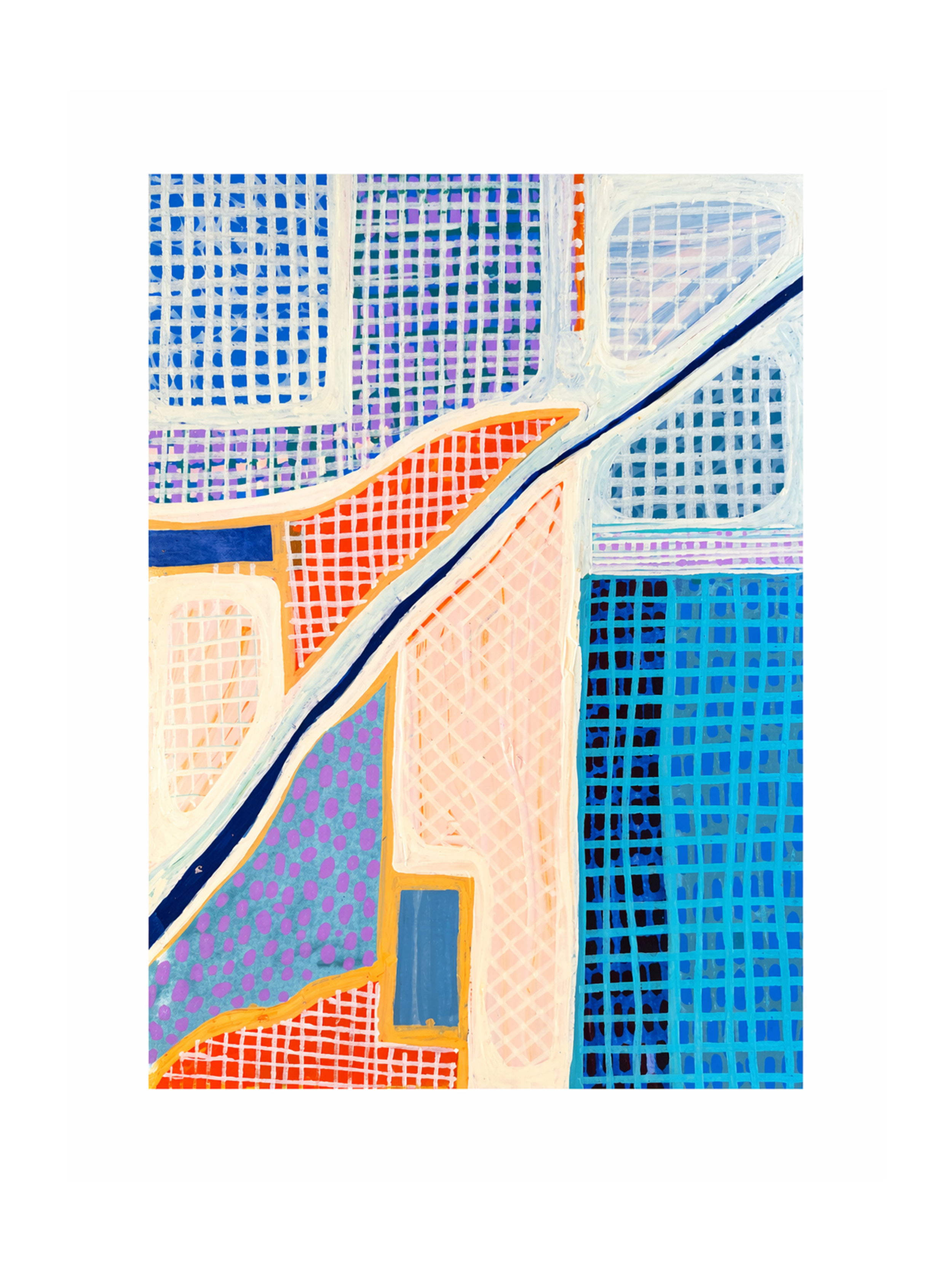 Colorful abstract painting featuring grid patterns, bold lines, and vibrant hues of blue, purple, red, orange, and cream.