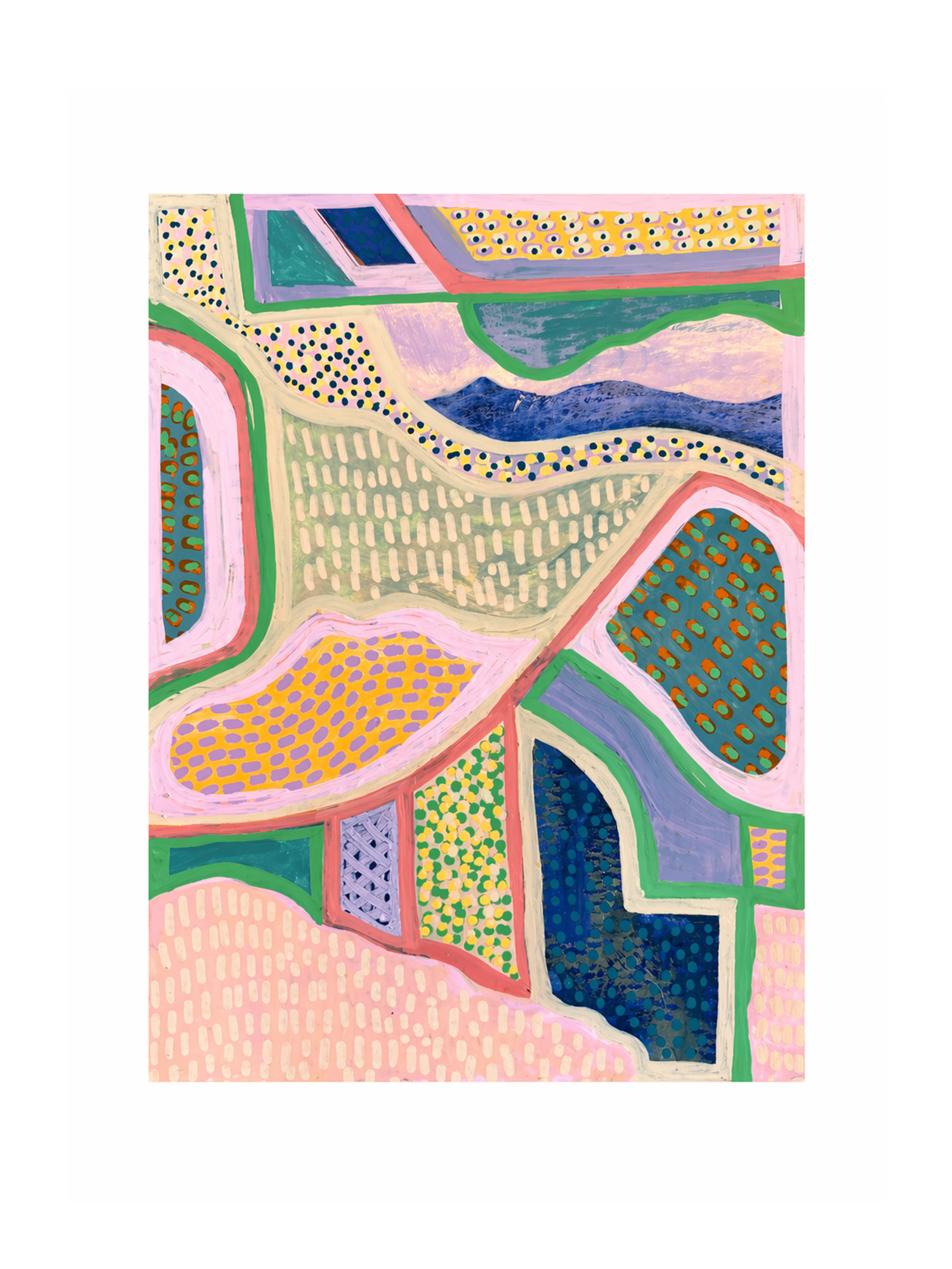 Abstract colorful painting with various geometric shapes, patterns, and vibrant pastel colors.