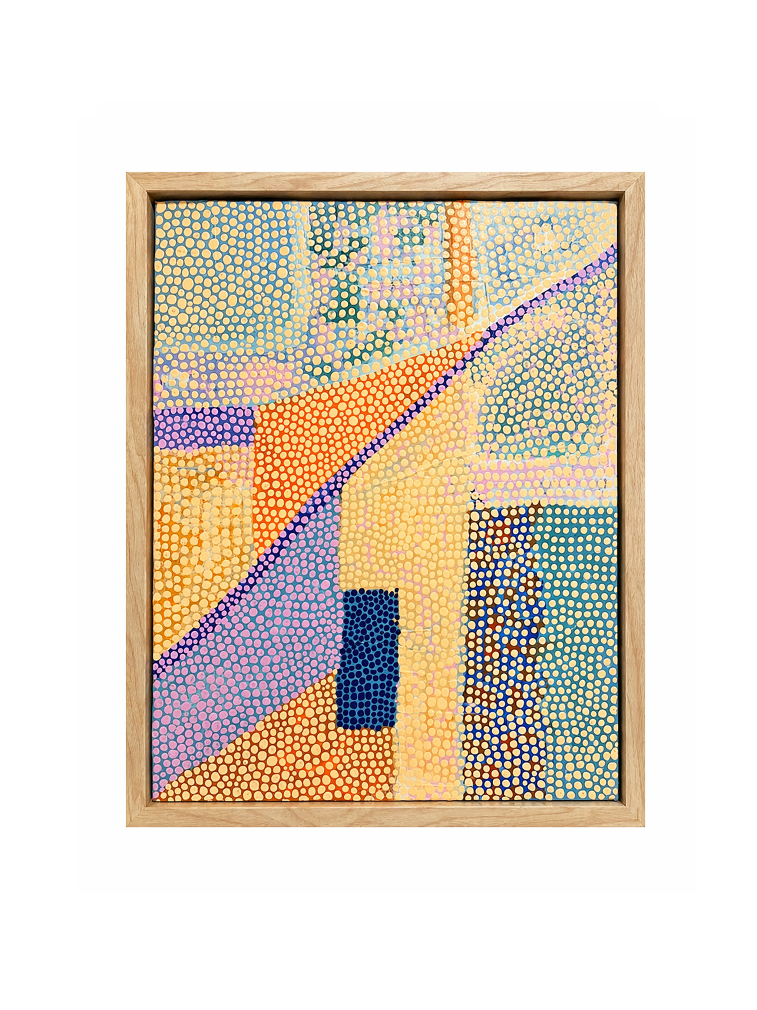 Painted dot portrait of a smiling woman with purple hair, framed in wood, with vibrant colors and pointillist style.
