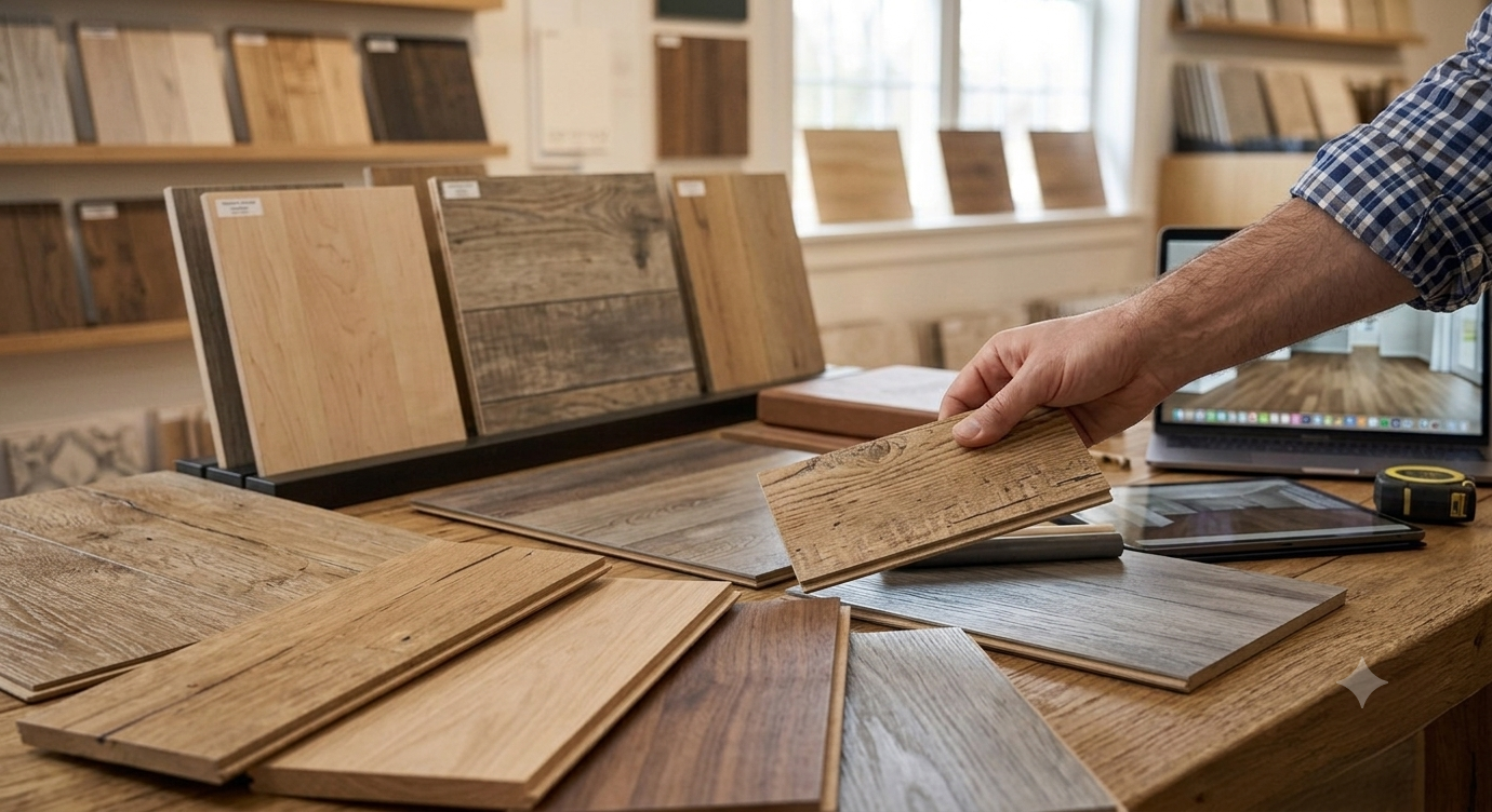 A person holding a wood flooring sample in a store with various wood planks displayed on the table and shelves.