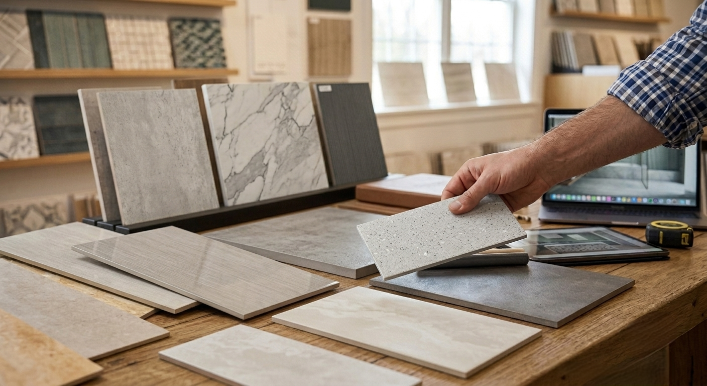 Person selecting a white and gray speckled tile from a display of various tile samples in a showroom.