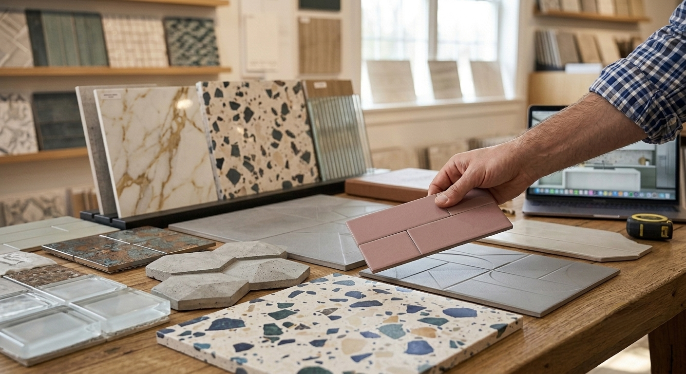 A person selecting pink subway tiles in a tile showroom with various tile samples spread out on a wooden table.