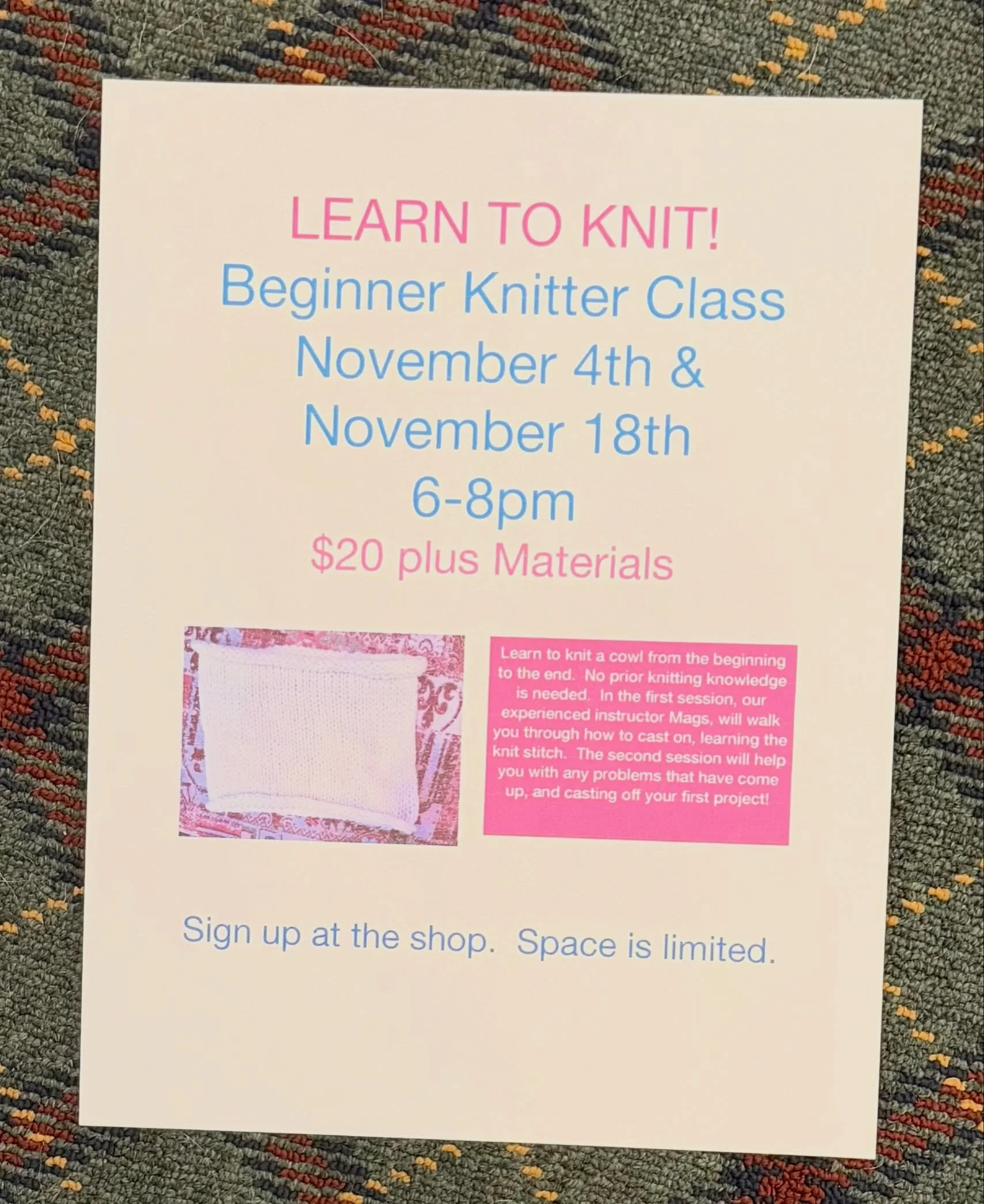 Lots going on at OSK!  Learn to knit class on November 4th &amp; 18th (2 sessions.). Space is limited, contact the shop and save your spot!
Sale week is this week!  Great deals on almost everything in the shop!
Stitch &amp; Bitch is Thursday 6-8pm!
S