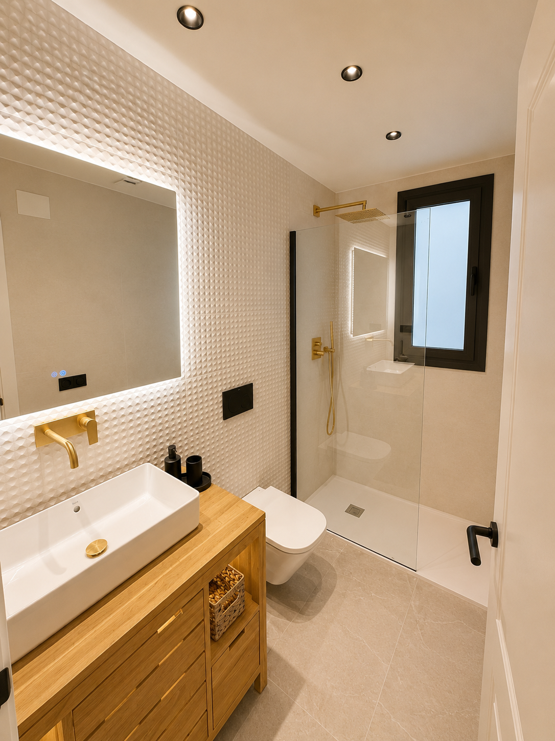Reforma integral de baño con revestimientos porcelánicos, mobiliario suspendido, iluminación LED y grifería moderna.